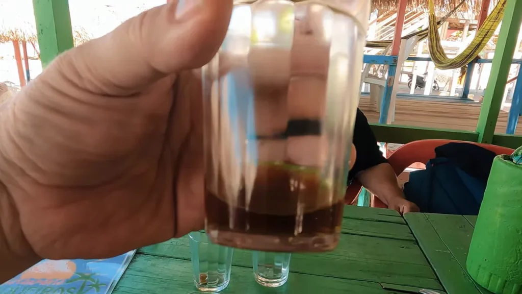 Garrafa de tucupi e porção de jambu servidos em mesa