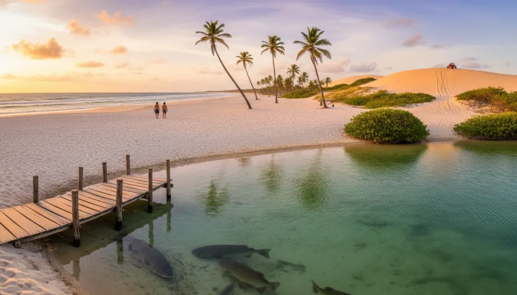 Panorâmica do Nordeste com lagoa de tambaquis, praia de areia branca e dunas de Mangue Seco com buggy ao entardecer