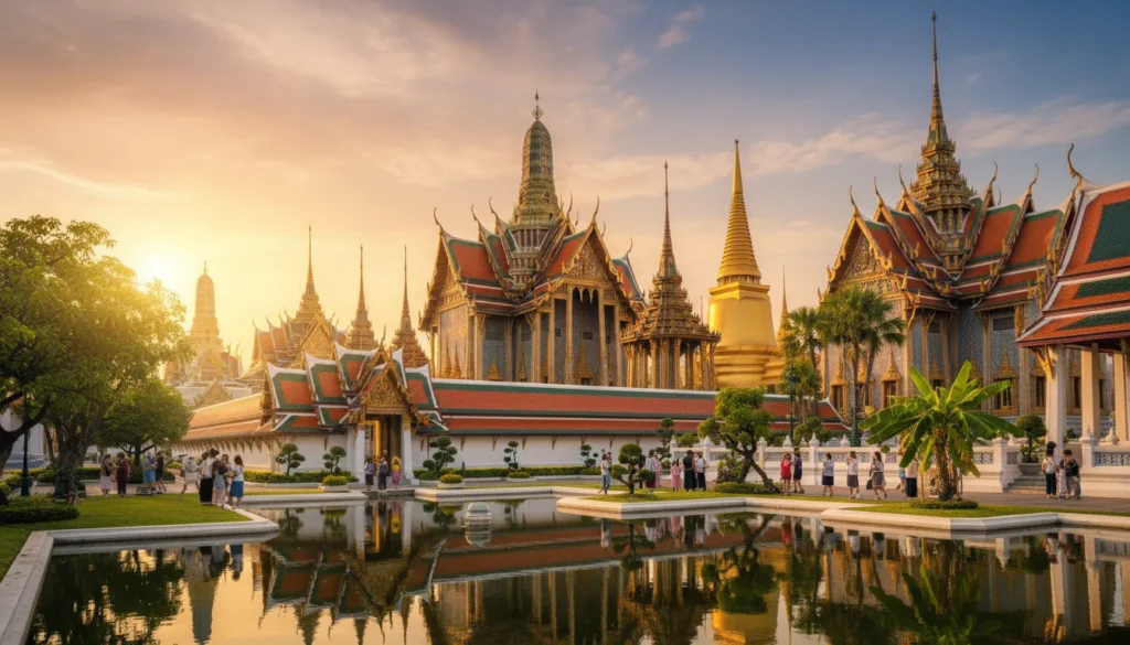 Vista panorâmica do Grand Palace em Bangkok ao entardecer, com telhados coloridos, chedis dourados e detalhes ornamentais
