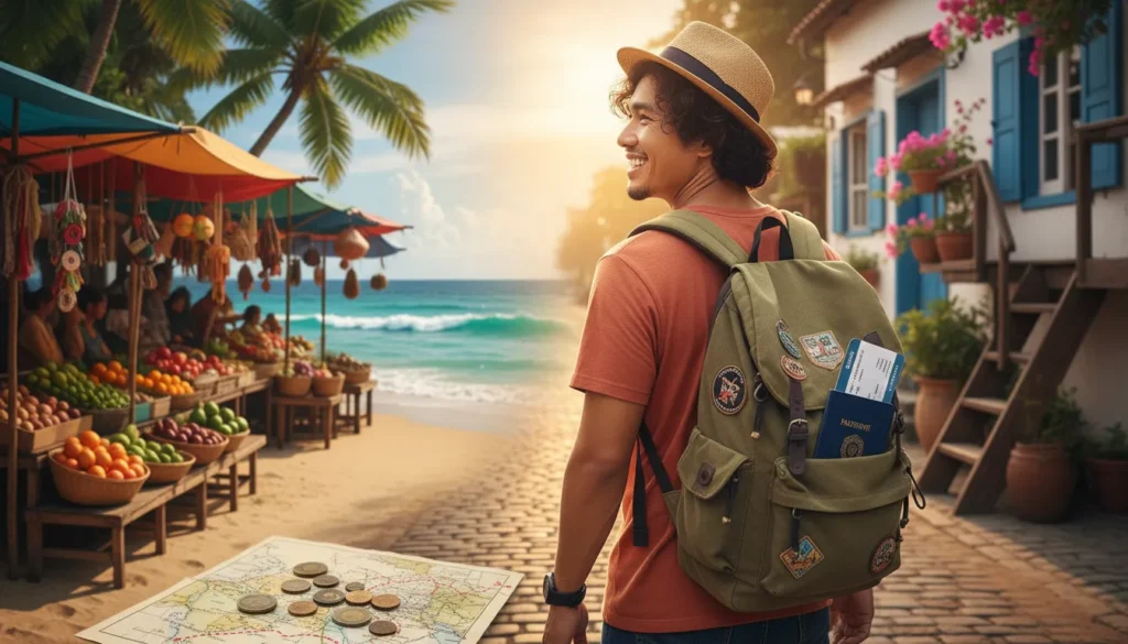 Viajante com mochila entre praia, rua de paralelepípedos, mercado colorido e pousada econômica, simbolizando viajar barato e destinos com melhor custo-benefício em 2026