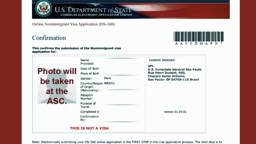 Exemplo de página de confirmação do DS-160